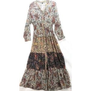 Olive Hill Paisley Mother of Pearl Button Tiered Smocked Dress Sz XL